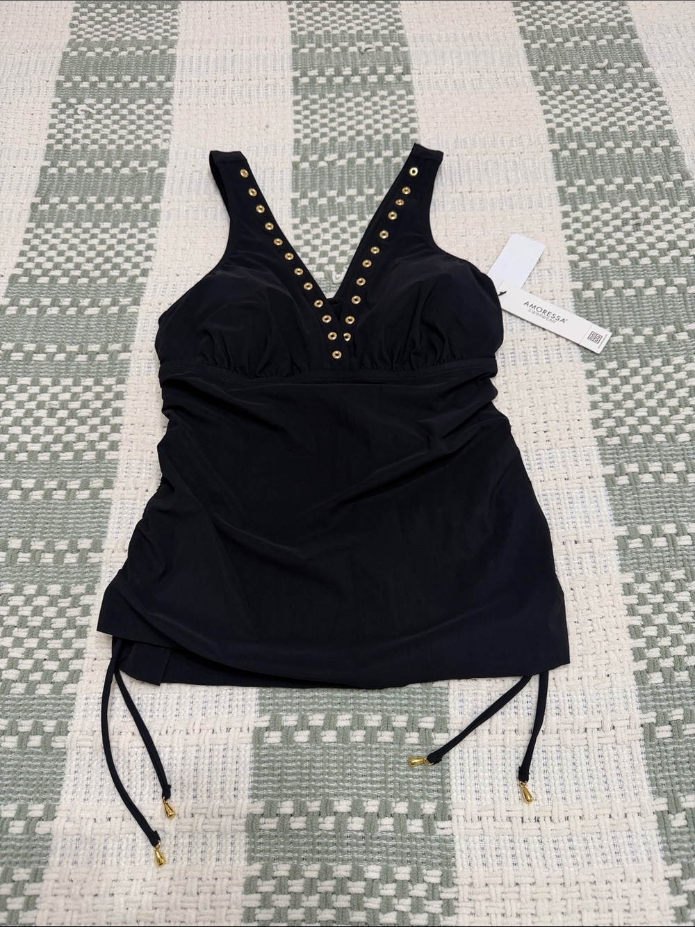 Amore & Sorra Black V-Neck One-Piece Tankini with Gold Eyelet Detail